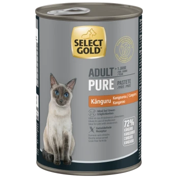 Boîte de nourriture pour chat Select Gold Adult Pure Kangaroo sans céréales avec image de chat siamois, 72 % kangourou, idéale pour les intolérances.