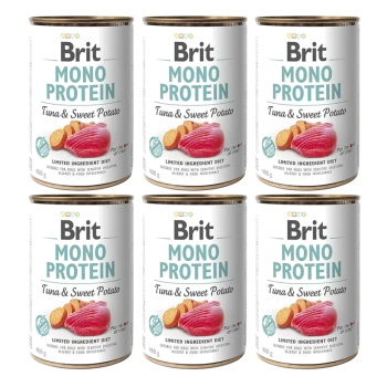 Sechs Dosen Brit Mono Protein Hundefutter, beschriftet mit 'Thunfisch & Süßkartoffel', mit einer Diät mit begrenzten Zutaten für Hunde mit empfindlicher Verdauung.