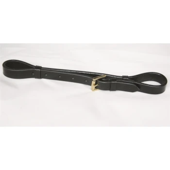 Schwarze Leder-Hundeleine mit einer goldenen Schnalle und mehreren Einstelllöchern, flach auf einem weißen Hintergrund ausgelegt.