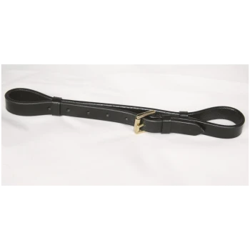 Schwarze Leder-Hundeleine mit einer goldenen Schnalle und mehreren Einstelllöchern, flach auf einem weißen Hintergrund ausgelegt.