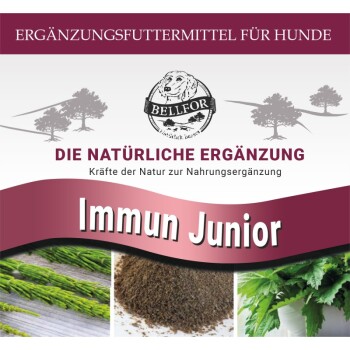 Ergänzung für Hunde mit der Bezeichnung "Immun Junior" von Bellfor, mit natürlichen Zutaten und einem Logo, mit Text zur Förderung natürlicher Ergänzungen.