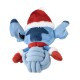 Blue plush dog toy wearing a red Santa hat and mittens, with a knotted rope body, isolated on white background.