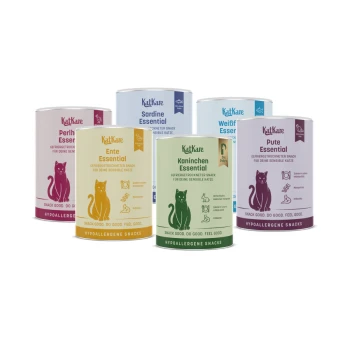 Sechs bunte KatKare Essential hypoallergene Katzensnack-Dosen mit der Aufschrift 'Snack good. Do good. Feel good.'