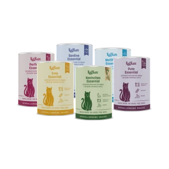Sechs bunte KatKare Essential hypoallergene Katzensnack-Dosen mit der Aufschrift 'Snack good. Do good. Feel good.'