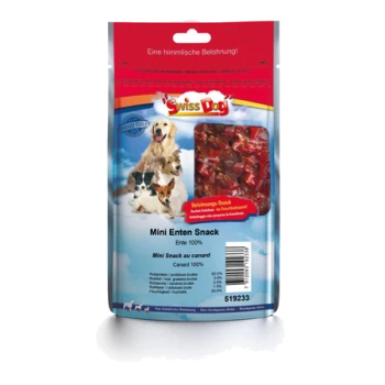 Bunte Verpackung für Swiss Dog Mini Duck Snacks, die Hunde und deutschen Text zeigt: "Eine himmlische Belohnung!" und "Mini Snack au canard."
