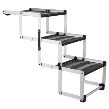 Haustiertreppe mit drei Stufen, ausgestattet mit einem stabilen Aluminiumrahmen und rutschfesten schwarzen Tritten für sicheren Zugang für Haustiere.