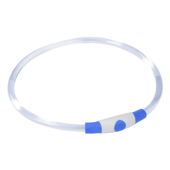 LED-Haustierhalsbandlicht in runder Form mit einem blauen und weißen Druckknopf, entworfen für Sichtbarkeit bei Nacht.