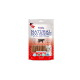 Verpackung von natürlichen Hundekauartikeln Bovine Puppy Sticks mit einem weißen Welpen, mit Text, der "100% Lecker, rein luftgetrocknet" hervorhebt.