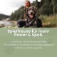 Eine Tüte ALPHAZOO Care "SPIELFREUDE" Tabletten für Hunde, mit Text, der Agilität, lokale Produktion und natürliche Zutaten hervorhebt.