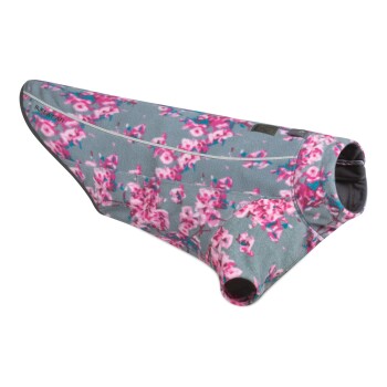 Hundepullover mit floralem Muster in Grau mit rosa Blumen, mit hohem Kragen und Öffnungen für die Beine.