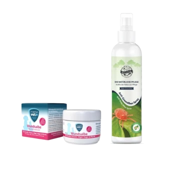 Drei Tierpflegeprodukte: blaue "marsa vet+ Wundsalbe" Salbe, weißes "Wundsalbe" Glas und "BELTOR Anti-Graßmilben Spray" mit Zeckenillustration.
