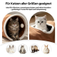 Zwei Katzen in einem braunen Plüschtunnel; sichtbarer Text 'Für Katzen aller Größen geeignet' und Symbole für Kleintiere.