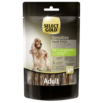 Wählen Sie Gold Sensitive Snack Sticks für erwachsene Hunde mit empfindlichem Magen, Entengeschmack, getreidefrei, unterstützt den Stoffwechsel.