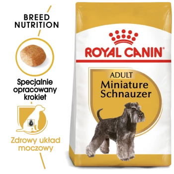 Torba z jedzeniem dla psów Royal Canin Adult Miniature Schnauzer, z ilustracją sznaucera, z tekstem na temat żywienia rasy i zdrowia układu moczowego.