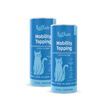 Zwei blaue KatKare 'Mobility Topping'-Dosen für Katzen mit Katzenillustration und Aufschrift 'Vital-Topping'.