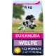 Hundefutterbeutel mit einem rennenden Welpen, beschriftet mit "EUKANUBA WELPE," für Welpen im Alter von 1-12 Monaten, mit einem Gewicht von 10-25 kg, Größe 15 kg.