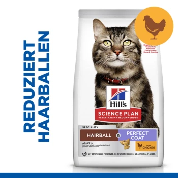 Tüte mit Hill's Science Plan Katzenfutter mit einer getigerten Katze, beschriftet mit "REDUZIERT HAARBALLEN", hebt die Reduzierung von Haarballen und Vorteile für das Fell hervor.