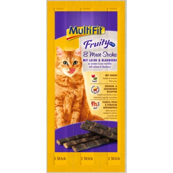 Cat treat packaging featuring a playful orange cat with a stick in its mouth, labeled "MultiFit Fruity 8 Meat Sticks mit Lachs & Blaubeere."