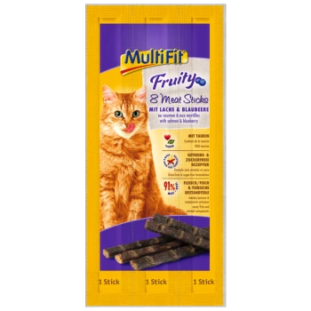 Cat treat packaging featuring a playful orange cat with a stick in its mouth, labeled "MultiFit Fruity 8 Meat Sticks mit Lachs & Blaubeere."