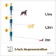 Illustration, die eine Person mit drei verschiedenen Hunden an Leinen unterschiedlicher Längen zeigt: 1,1 m, 1,3 m und 2 m, beschriftet mit "3-fach längenverstellbar."