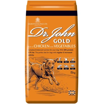 Gold Trockenfutter Huhn und Gemüse 15 kg Hundefutterbeutel mit der Marke "Dr. John Gold", reich an Huhn und Gemüse, 20% Protein, 9% Fett, mit einer Illustration eines laufenden Hundes.