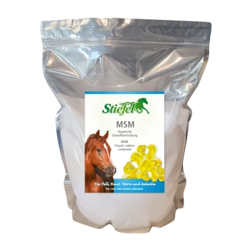 Klare Plastiktüte mit "Stiefel MSM" weißem Pulver, beschriftet als organische Schwefelverbindung für das Pferdefell, die Haut, die Hufe und die Gelenke.