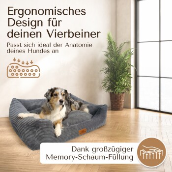 Ergonomisches Hundebett in einem gemütlichen Raum, mit einem plüschigen Design, das sich der Anatomie eines Hundes anpasst, mit Text, der die Füllung aus Memory-Schaum hervorhebt.