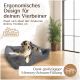Ergonomisches Hundebett in einem gemütlichen Raum, mit einem plüschigen Design, das sich der Anatomie eines Hundes anpasst, mit Text, der die Füllung aus Memory-Schaum hervorhebt.