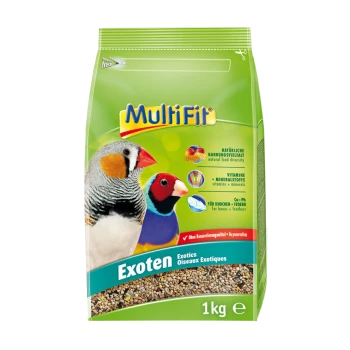 1kg bag of MultiFit Exoten bird food with illustrations of zebra and gouldian finches, emphasizing natural diversity and nutrients.