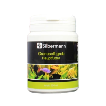 Behälter mit Silbermann Granusoft grob Fischfutter, 250 ml, mit bunten Fischen und Wasserpflanzen auf dem Etikett.
