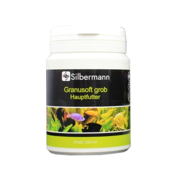 Behälter mit Silbermann Granusoft grob Fischfutter, 250 ml, mit bunten Fischen und Wasserpflanzen auf dem Etikett.