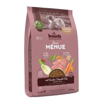 Bosch Junior Menue Hundefuttertüte, 12,0 kg, mit Zutaten wie Truthahn, Huhn, Fenchel und Hagebutten, mit 22,5 % Protein und 13 % Fett.