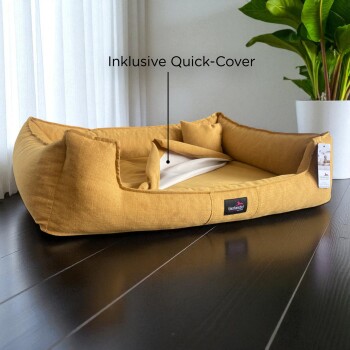 Senfgelbes rechteckiges Haustierbett mit erhöhten Seiten, inklusive Schnellbezug und tierlando Markenetikett auf dunklem Boden.