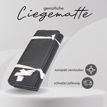 Hund und Katze auf einer grauen Haustiermatte, deutscher Text "gemütliche Liegematte" und "für Hunde und Katzen geeignet", plus Funktionssymbole
