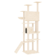 Ein hoher, mehrstöckiger Katzenbaum in hellem Beige, der verschiedene Plattformen, einen gemütlichen, würfelförmigen Rückzugsort und eine Rampe bietet.