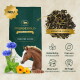 Grüne PFERDEGOLD Goldmüsli-Tüte KRÄUTER GLÜCK mit Pferdekopf, Kräuterhaufen, Blumen und NEU-Badge.