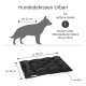 Schwarzes Hundekissen mit der Aufschrift "Hundedeckissen Urban" für größere Hunde, mit den Maßen von etwa 80 cm mal 60 cm und 7 cm dick.