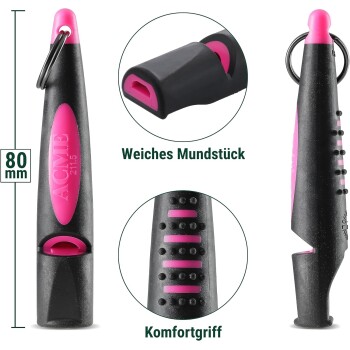 Schwarzes und pinkes ACME-Hundepfeife mit weichem Mundstück und Komfortgriff, 80 mm lang, aus drei Blickwinkeln mit deutschem Text gezeigt.