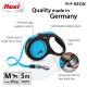 Flexi retractable dog leash in neon blue and black, featuring ergonomic grip, braking system, and 5m tape for dogs up to 25kg.