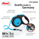 Flexi retractable dog leash in neon blue and black, featuring ergonomic grip, braking system, and 5m tape for dogs up to 25kg.