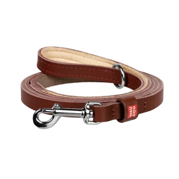 Brown leather padded dog leash coiled with chrome snap hook and D-ring, red tag reading 'WAU DOG'.