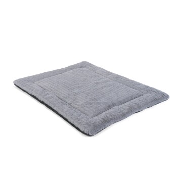 Graues Haustierbett mit einer weichen, plüschigen Oberfläche und einem gesteppten Design, geeignet für Hunde oder Katzen.