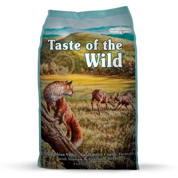 Tüte mit "Taste of the Wild" Hundefutter mit einer Illustration von einem Fuchs und einem Reh, beschriftet "Appalachian Valley Small Breed mit Wild und Kichererbsen."
