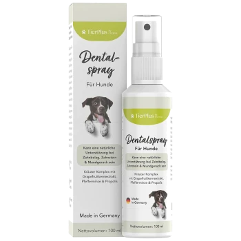 Dental-Spray für Hunde in einer Sprühflasche, mit einem verspielten Hund auf dem Etikett. Der Text hebt die natürliche Unterstützung für die Zahngesundheit hervor.