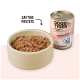 Eine beige Schüssel mit feuchtem Haustierfutter neben einer DOGS'n TIGER-Dose mit der Aufschrift 'SAFTIGE PASTETE' und '63% FLEISCHMAHLZEIT.'