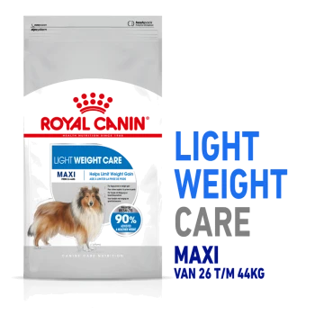 Royal Canin Light Weight Care hondenvoer zak met een Collie, met de tekst 'Helpt gewichtstoename te beperken' en '90% heeft een gezonder gewicht bereikt.'