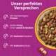 Napf mit gelbem Rand und Tierfutter vor violettem Hintergrund; deutscher Text: „Unser perfektes Versprechen“ und Aufzählung der Vorteile.