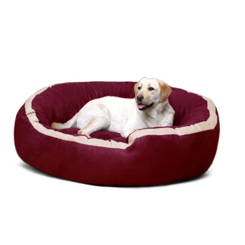 Weißer Hund liegt auf einem großen kastanienbraun-beigen gepolsterten Haustierbett mit erhöhten Seiten.