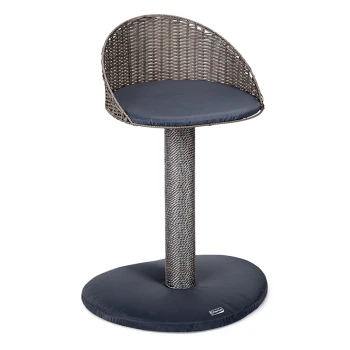 Stylischer Haustierstuhl mit einem geflochtenen Rücken und einem marineblauen Kissen, mit einer stabilen runden Basis für Stabilität.