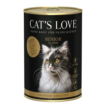 Dose Cat's Love Senior Katzenfutter, mit einer Nahaufnahme einer flauschigen schwarz-weißen Katze, beschriftet mit "Senior 10+ Jahre" und "ENTE".